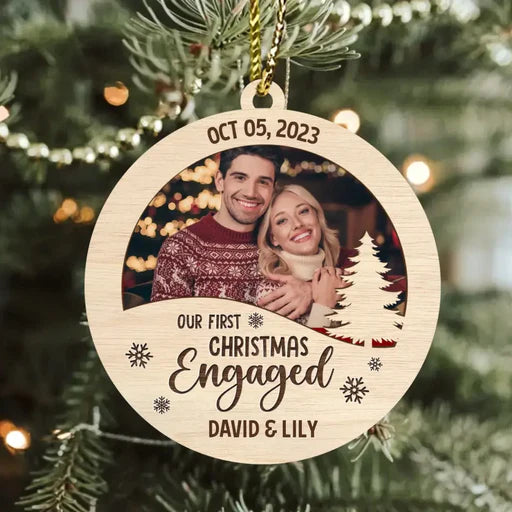 Customized Couple Photo Circle Wooden Ornament, Custom Parents Photo Wood Ornament, Our First Christmas - Christmas Gift For Couple, Lovers, Spouse