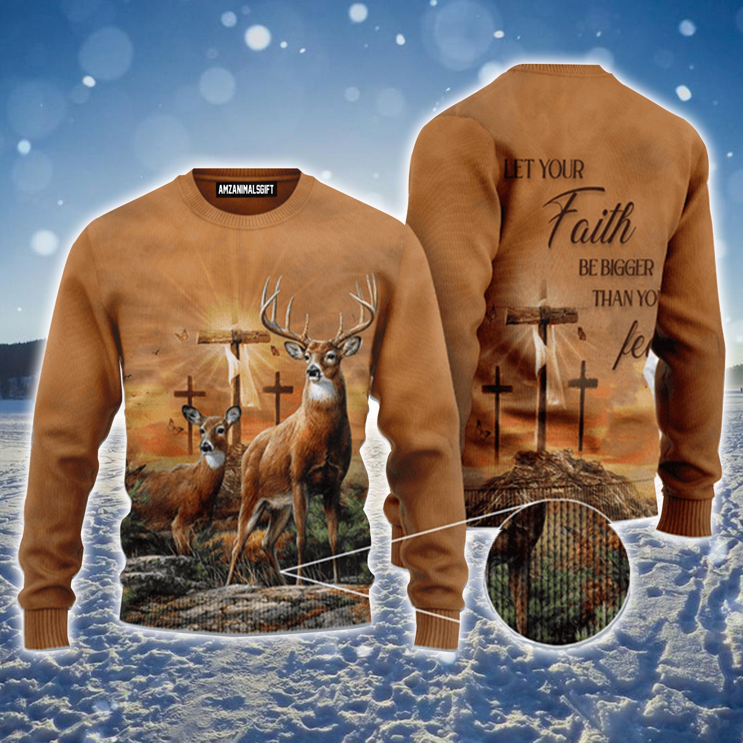 Cross Deer In Forest Let Your Faith Be Bigger Urly Sweater, Christmas Sweater For Men & Women - Perfect Gift For New Year, Winter, Christmas