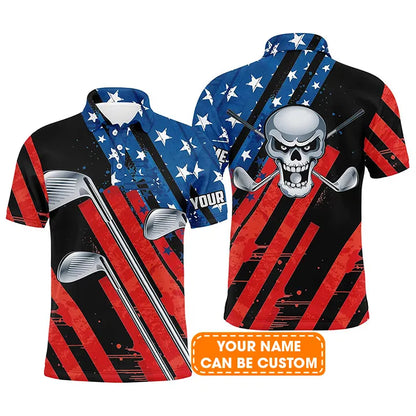 Custom Golf Long Sleeve Men Polo Shirt - American Flag 4th July Skull Golf Clubs Custom Name Apparel - Personalized Gift For Men, Golf Lover