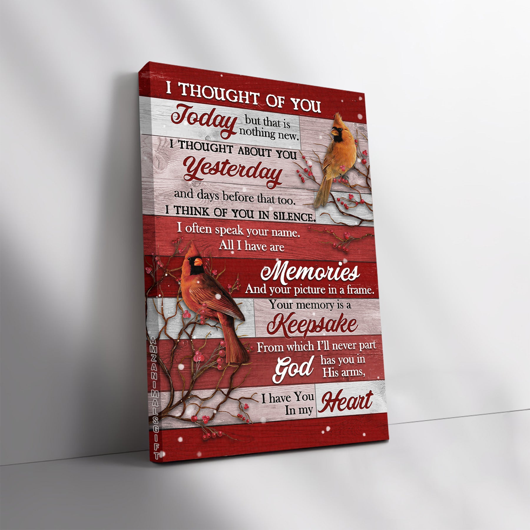 Memorial Premium Wrapped Portrait Canvas - Cardinal Drawing, Watercolor Cranberry, Red Background, I Thought Of You - Gift For Members Family