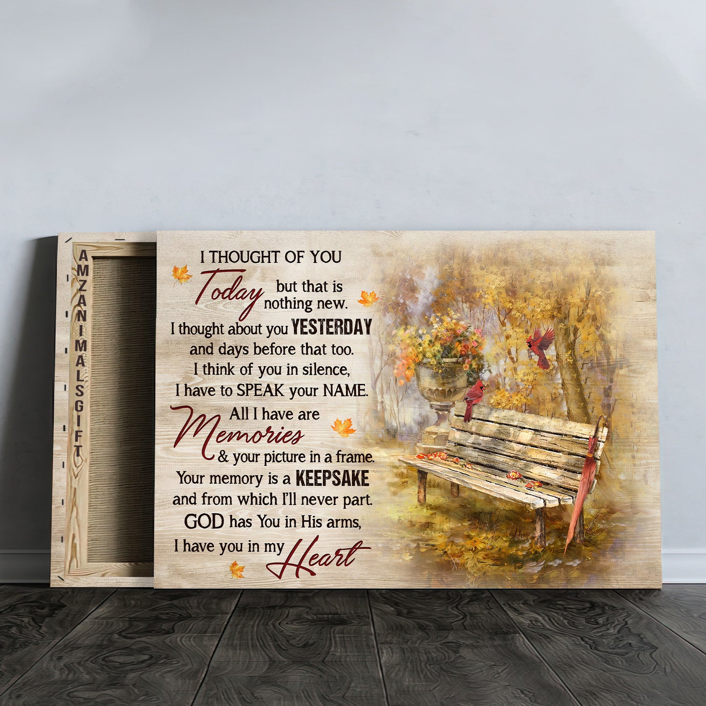 Memorial Premium Wrapped Landscape Canvas - Wooden Chair, Red Cardinal, Beautiful Autumn Park, I Thought Of You Today - Heaven Gift For Members Family