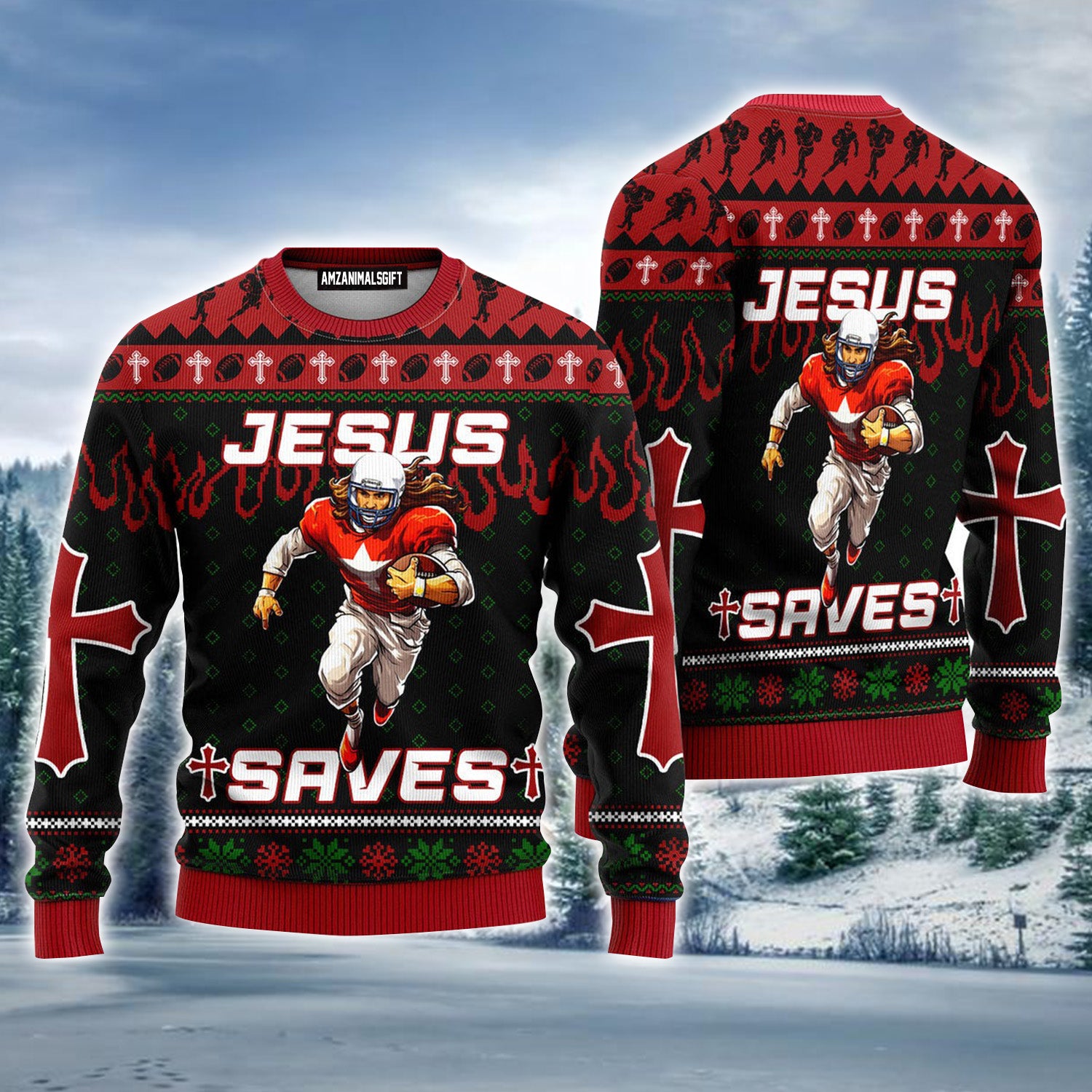 Jesus American Football Team Red Ugly Christmas Sweater For Men & Women, Perfect Outfit For Christmas New Year Autumn Winter