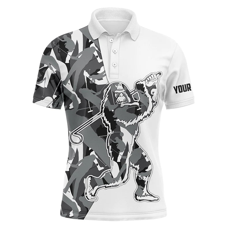 Funny Bigfoot Golf Men Polo Shirt-Custom Gray Camo Pattern Sasquatch Playing Golf Apparel Men Polo Shirt-Personalized Sports Gift For Men, Golf Lover