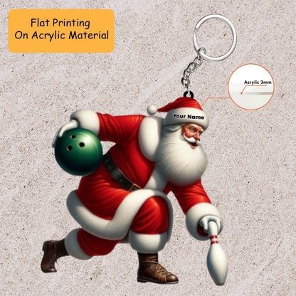 Personalized Bowling Santa Holding Pins Acrylic Ornament, Bowling Keychain, Car Ornament, Christmas Ornament Gifts