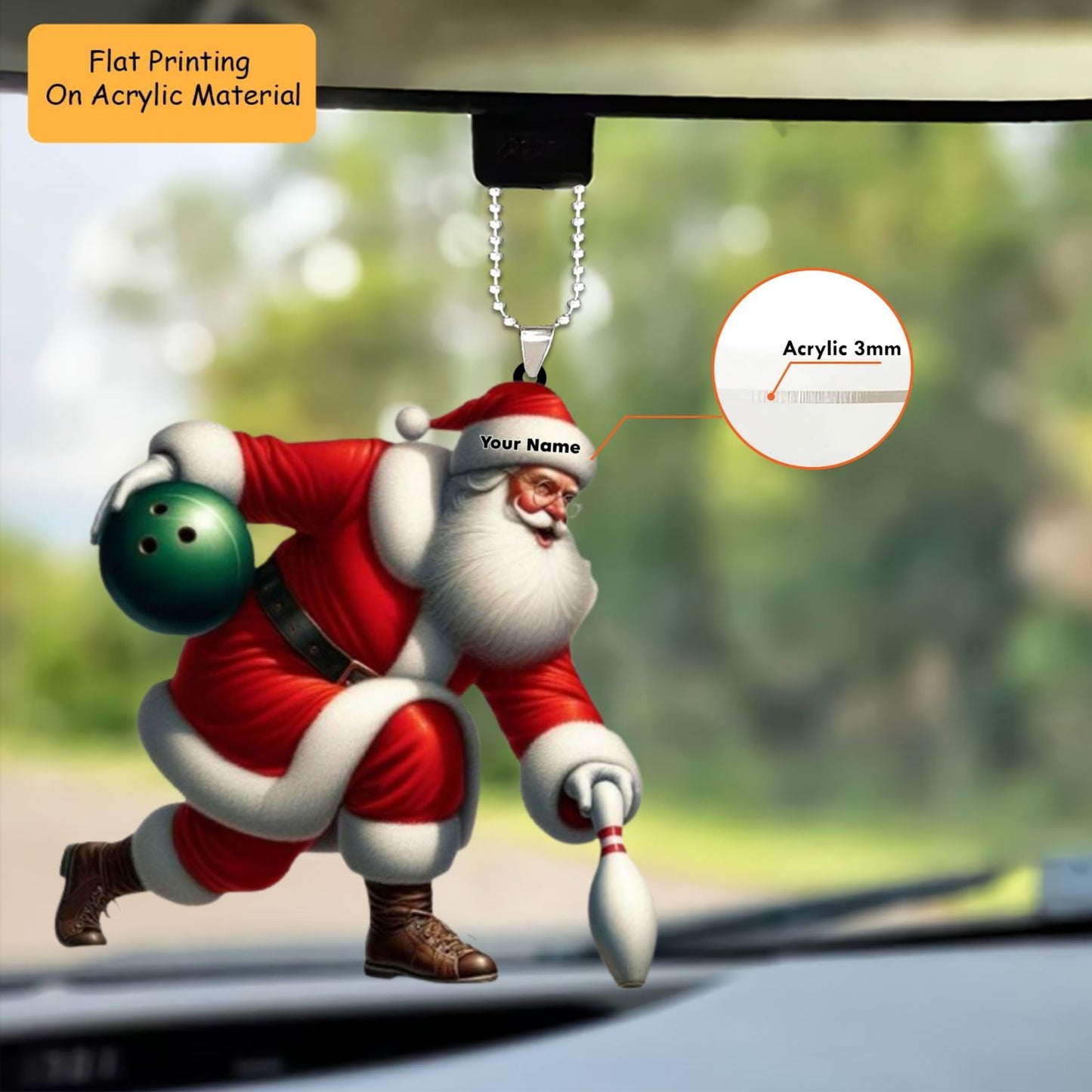 Personalized Bowling Santa Holding Pins Acrylic Ornament, Bowling Keychain, Car Ornament, Christmas Ornament Gifts