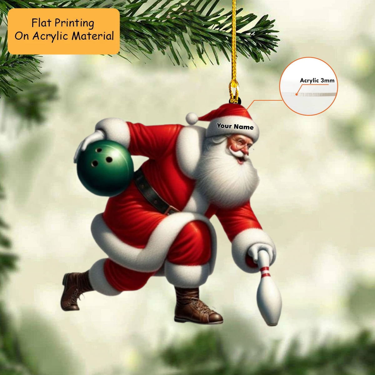 Personalized Bowling Santa Holding Pins Acrylic Ornament, Bowling Keychain, Car Ornament, Christmas Ornament Gifts