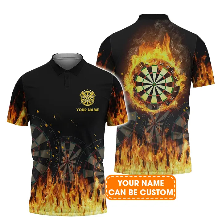 Darts Polo Shirts Personalised, Darts Flame Black Background, Darts On Fire Custom Name Men Polo Shirt - Perfect Gift For Men, Darts Player