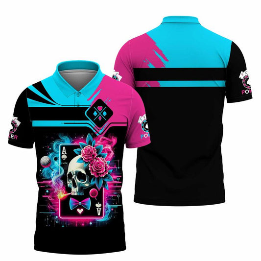Customized Poker Shirt, Neon Skull Ace Card With Roses & Bright Pink-Blue Shirts, Perfect Outfit For Poker Players