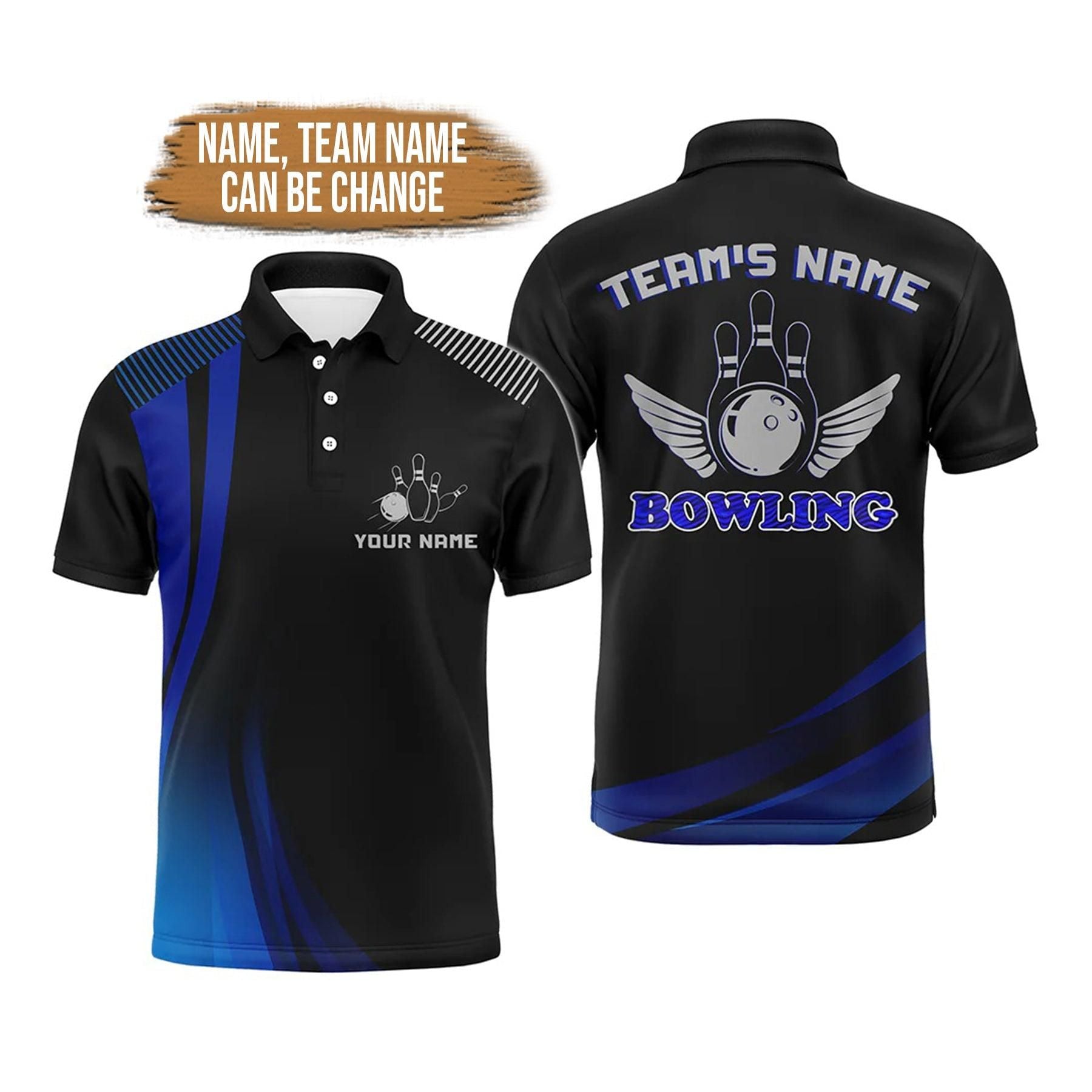 Bowling Custom Men Polo Shirt - Custom Name Blue & Black Personalized Bowling Polo Shirt - Perfect Gift For Friend, Family