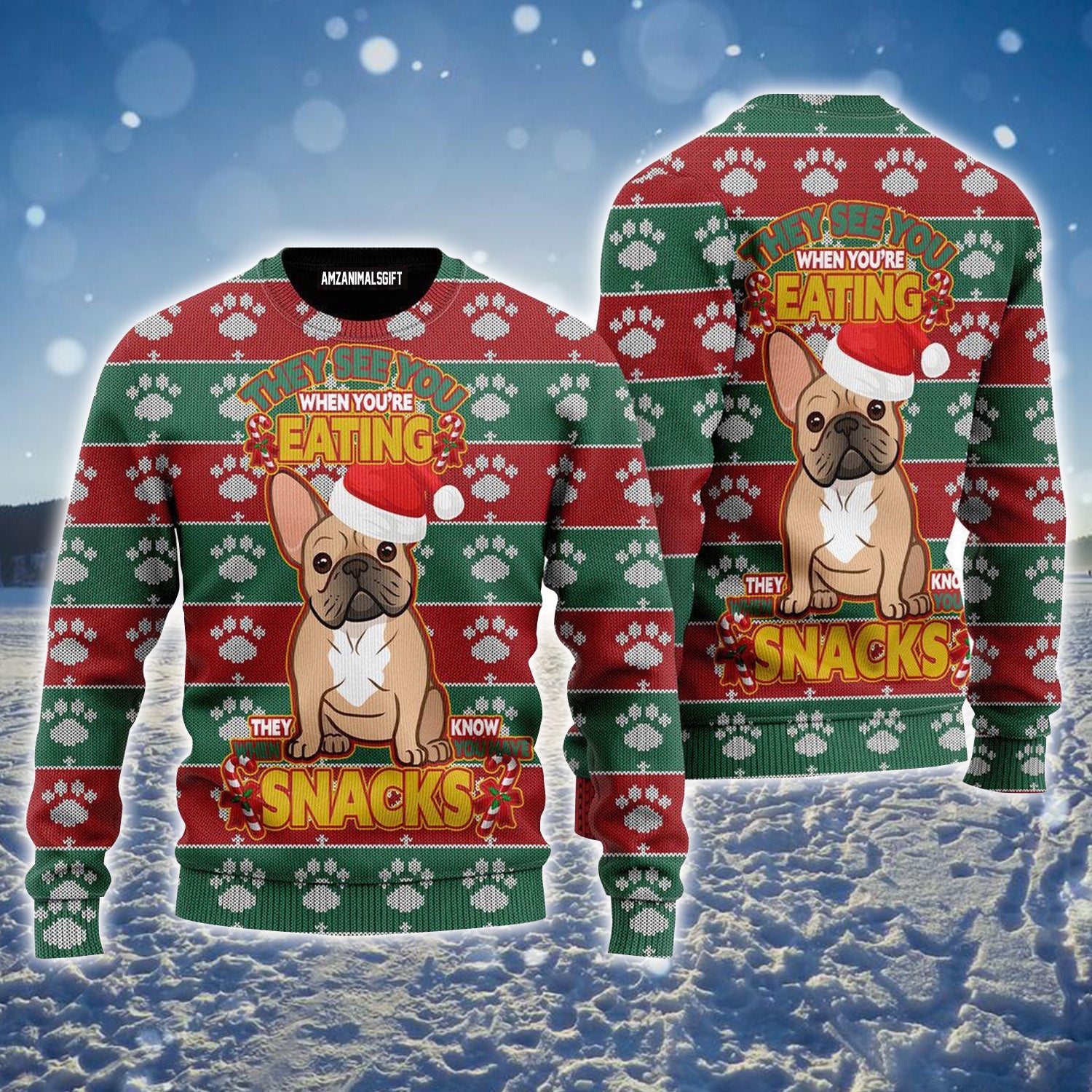 French Bulldog Eating Snacks Christmas Pattern Ugly Sweater For Men & Women, Perfect Outfit For Christmas New Year Autumn Winter