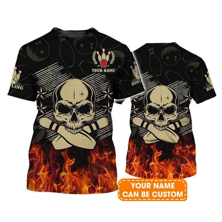 Bowling T shirt Custom Name - Skull Bowling In Fire Personalized T-shirt - Gift For Friend, Family, Bowling Lovers