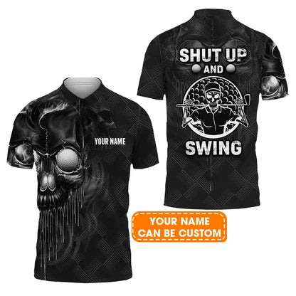 Customized Golf Men Polo Shirts, Skull Golf Shut Up And Swing, Personalized Customized Name Golf Polo Shirt For Men, Golfers