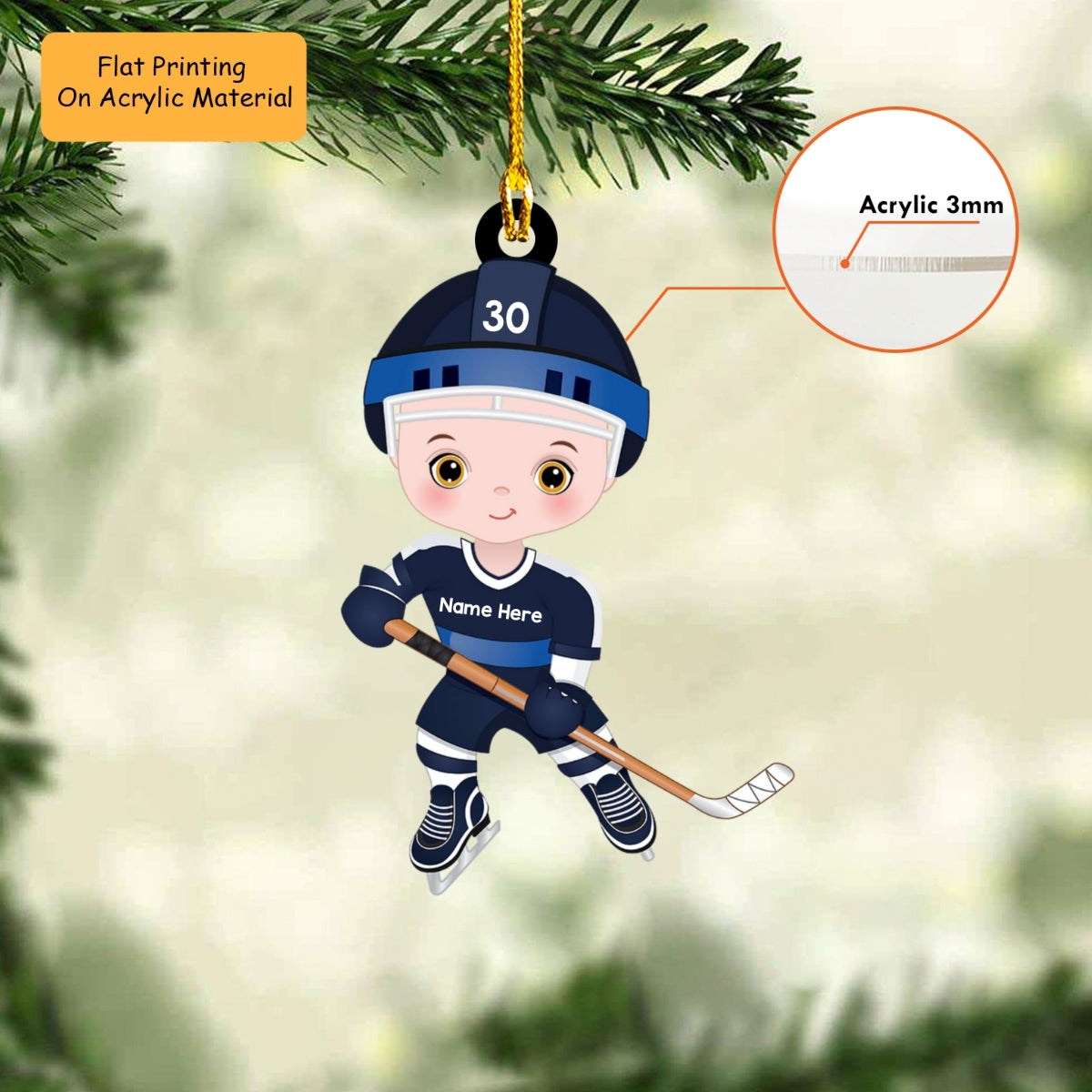 Personalized Boy Girl Ice Hockey Player Flat Acrylic Ornament, Ornament Gifts For Son, Grandson, Daughter, Granddaughter