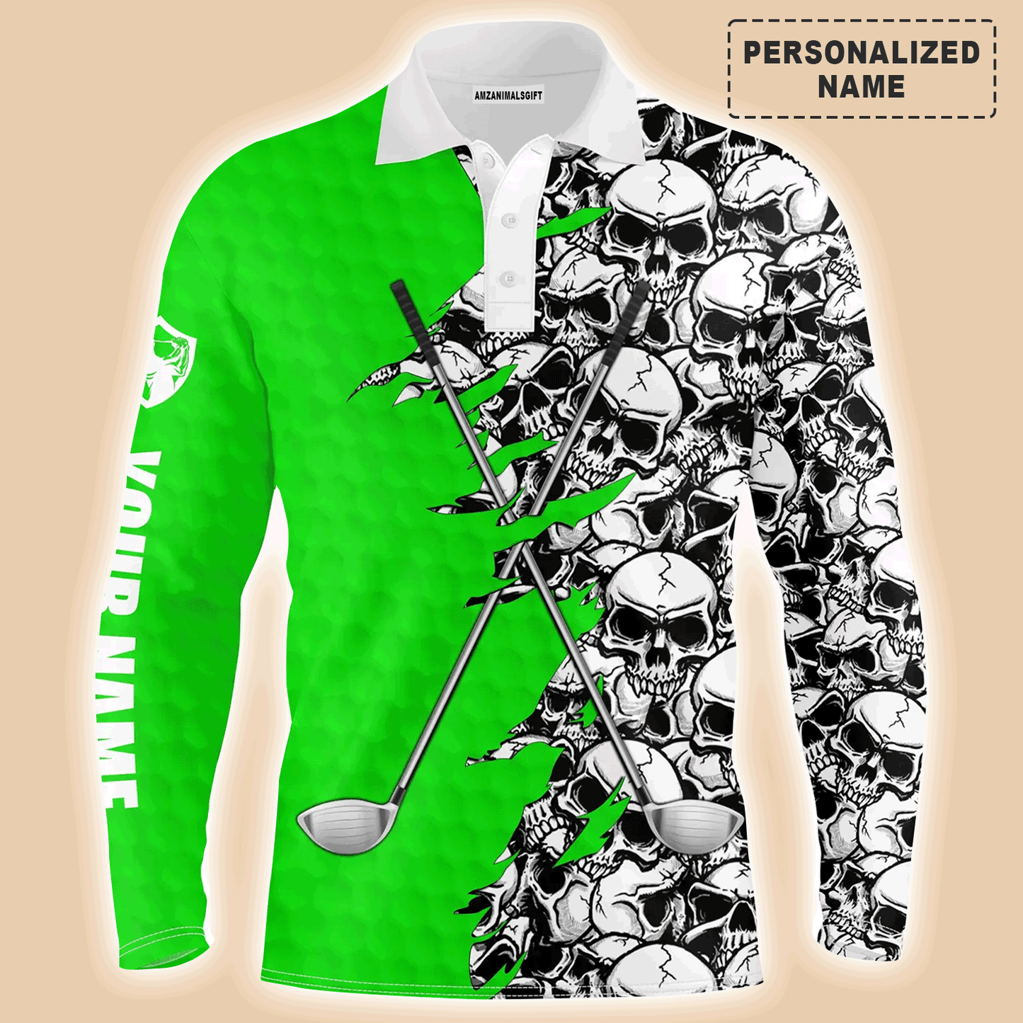 Custom Golf Long Sleeve Men Polo Shirt, Pattern Skull Golf Clubs Performance Custom Name Apparel - Perfect Gift For Men, Golf Lovers