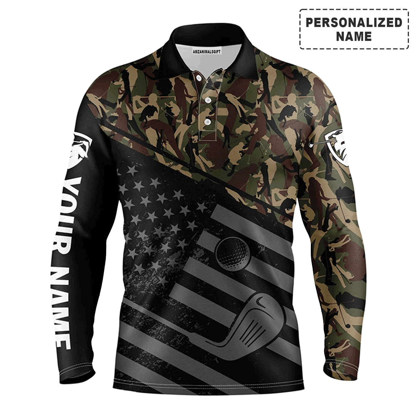 Custom Golf Long Sleeve Men Polo Shirt-Black American Flag Patriotic Camo Pattern Custom Name Apparel-Personalized Gift For Golf Lover, Team, 4th July