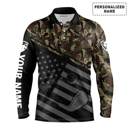 Custom Golf Long Sleeve Men Polo Shirt-Black American Flag Patriotic Camo Pattern Custom Name Apparel-Personalized Gift For Golf Lover, Team, 4th July