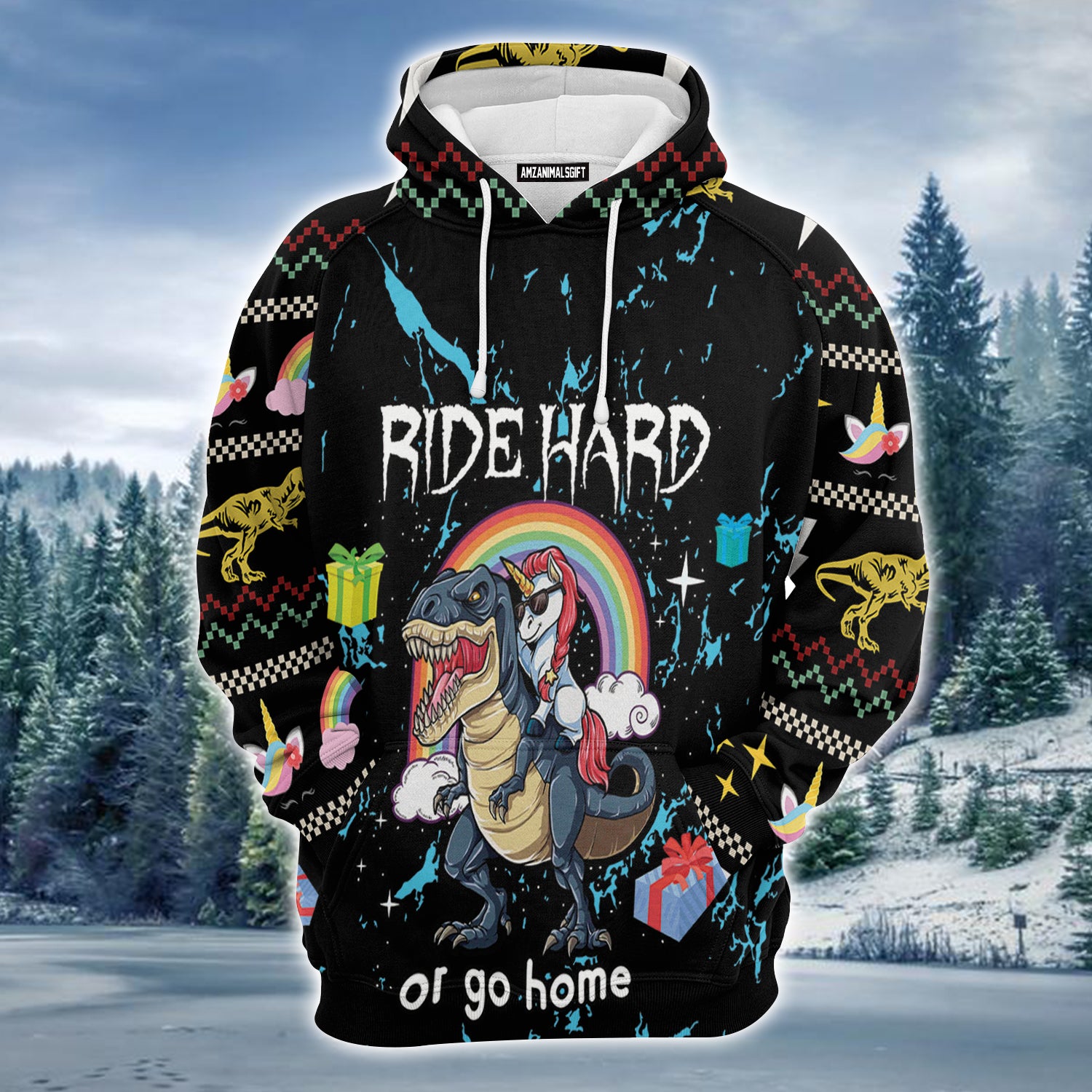 Dinosaur Unicorn Ride Hard Premium Christmas Hoodie, Christmas Gifts Unisex Hoodie For Men & Women -  Perfect Gift For Christmas, Friends, Family