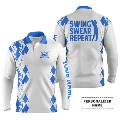 Custom Golf Long Sleeve Men Polo Shirt -Argyle Pattern Custom Name Apparel, Swing Swear Repeat Men Golf Polo Shirt-Perfect Polo Shirt For Men, Golfers