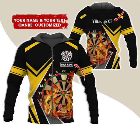 Personalized Name & Text Darts Premium Zip Hoodie , Customized Dartboard Flame Zip Hoodie For Men & Women - Gift For Darts Lovers, Darts Players