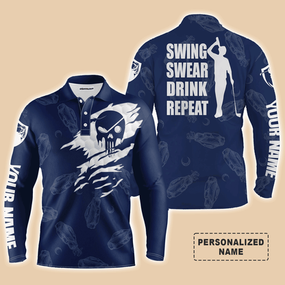 Custom Golf Long Sleeve Men Polo Shirt - Custom Name Multicolor Golf Clubs Pattern - Swing Swear Drink Repeat Men Polo Shirt For Golf Lover