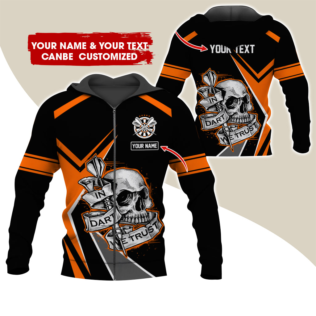 Custom Name & Text Darts Premium Zip Hoodie, Personalized Skull Play Darts Zip Hoodie For Men & Women - Gift For Darts Lovers, Darts Players