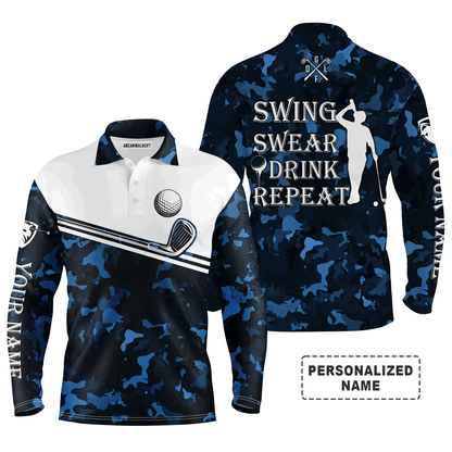 Custom Golf Long Sleeve Men Polo Shirt - Swing Swear Drink Repeat Custom Name Camo Pattern Apparel - Personalized Gift For Men, Golf Lover