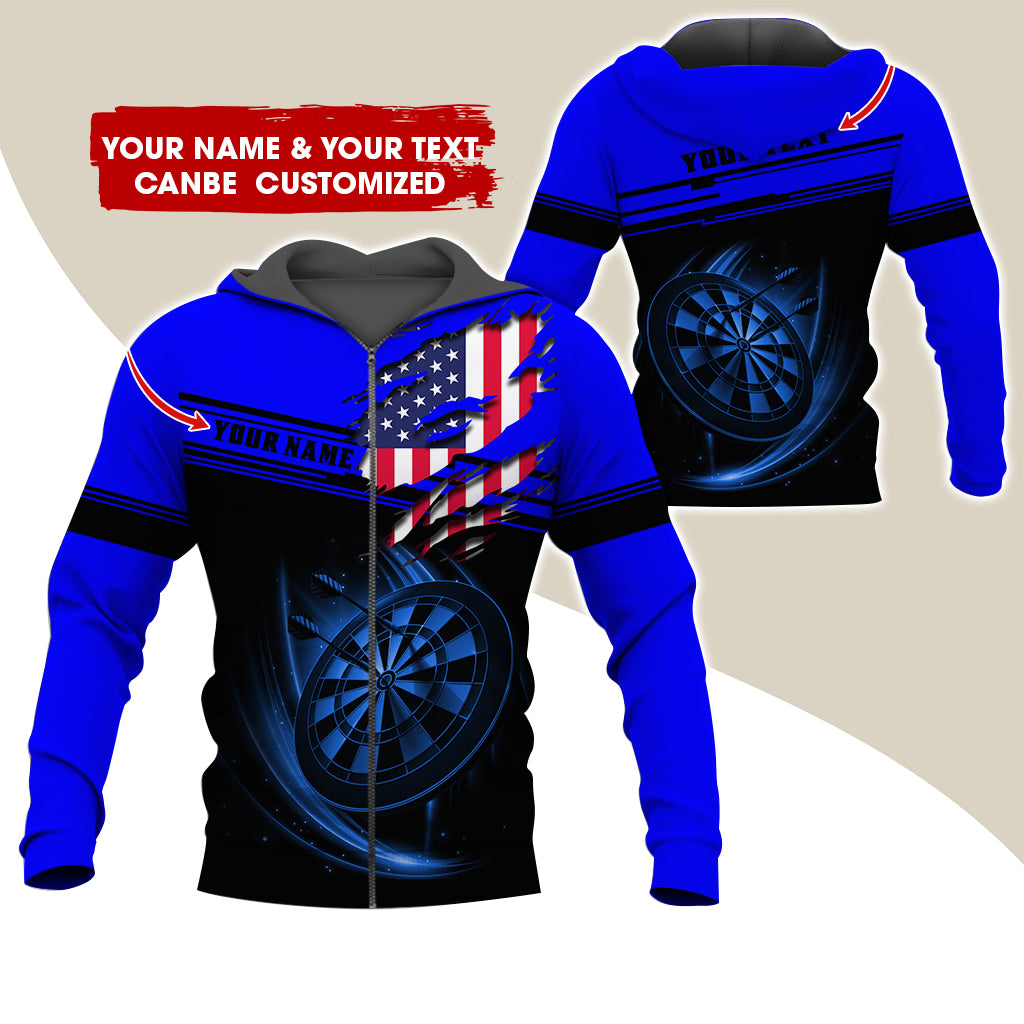 Custom Name & Text Darts Premium Zip Hoodie, Customized Name American Flag Darts Zip Hoodie For Men & Women - Gift For Darts Lovers, Darts Players
