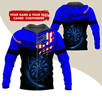 Custom Name & Text Darts Premium Zip Hoodie, Customized Name American Flag Darts Zip Hoodie For Men & Women - Gift For Darts Lovers, Darts Players
