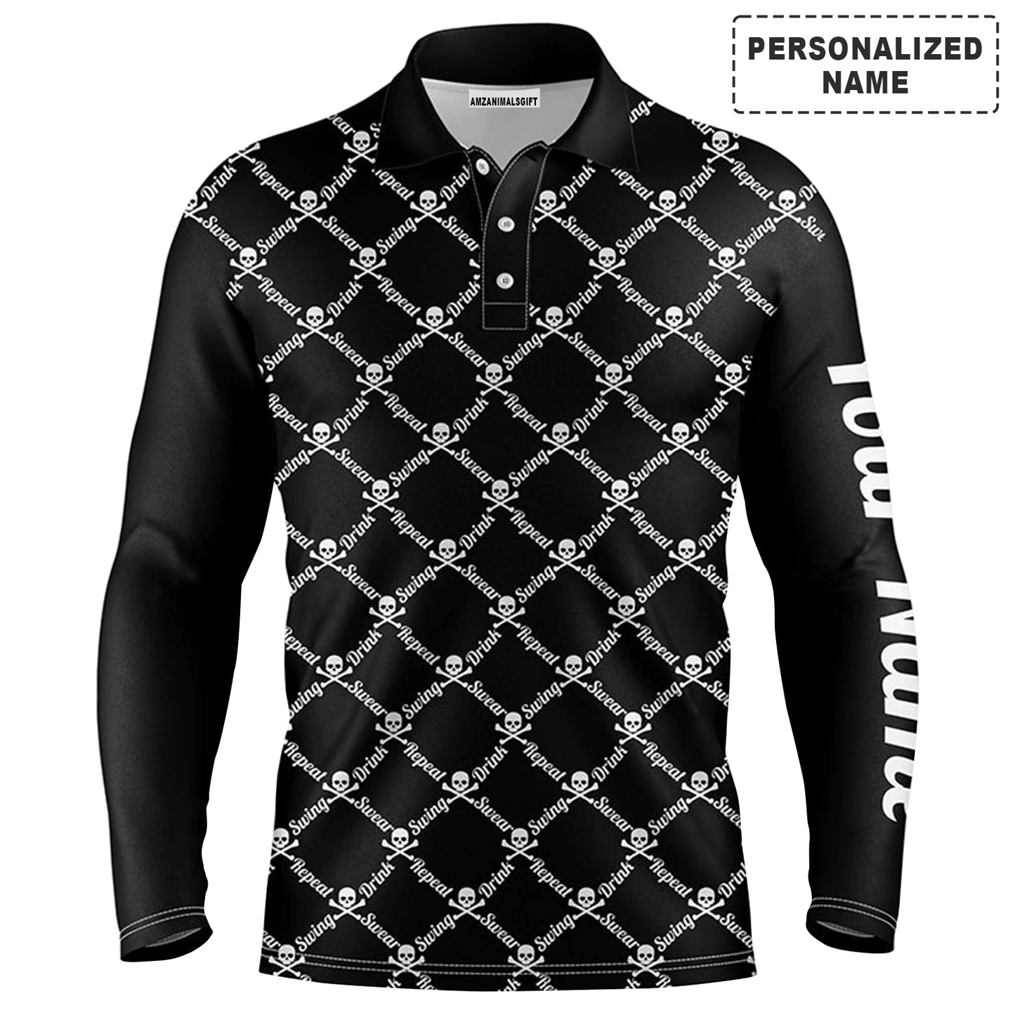 Custom Golf Long Sleeve Men Polo Shirt -Swing Swear Drink Repeat Skull Pattern Apparel-Personalized Gift For Golf Lover, Team, Husband, Boyfriend, Men