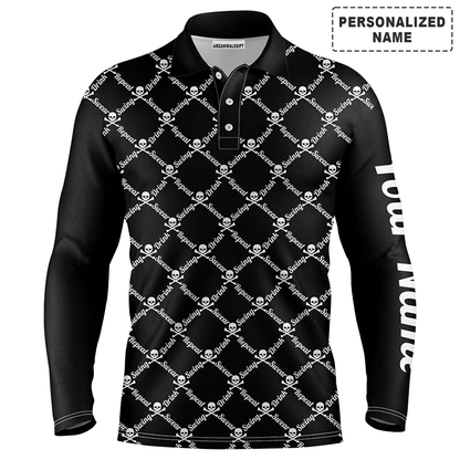Custom Golf Long Sleeve Men Polo Shirt -Swing Swear Drink Repeat Skull Pattern Apparel-Personalized Gift For Golf Lover, Team, Husband, Boyfriend, Men