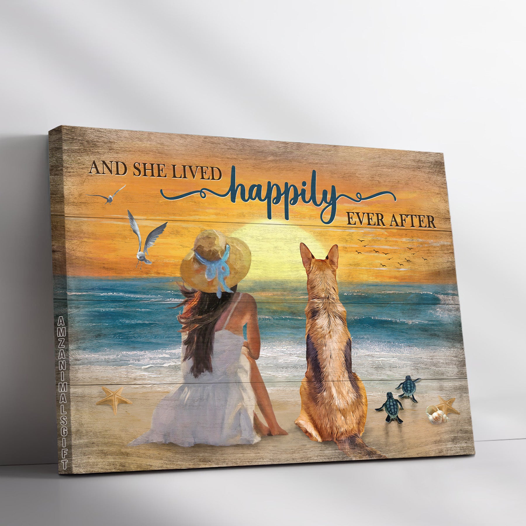 German Shepherd & Jesus Premium Wrapped Landscape Canvas - Girl Painting, Pretty Sunset, German Shepherd, And She Lived Happily - Gift For Christian