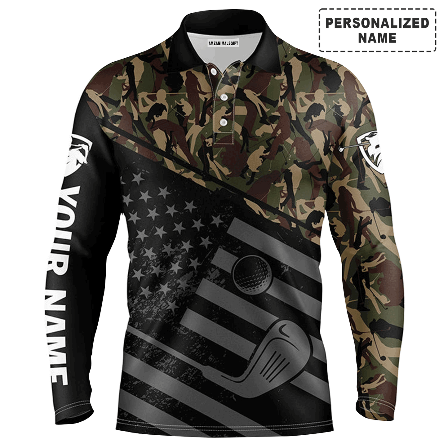 Custom Golf Long Sleeve Men Polo Shirt, Camo Polo Custom Name, Black American Flag Patriotic Apparel - Perfect Gift For Men, Golf Lovers