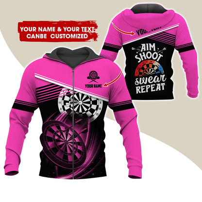 Customized Name & Text Darts Premium Zip Hoodie, Personalized Aim Shoot Sweat Repeat Zip Hoodie For Men & Women - Gift For Darts Lovers, Darts Players
