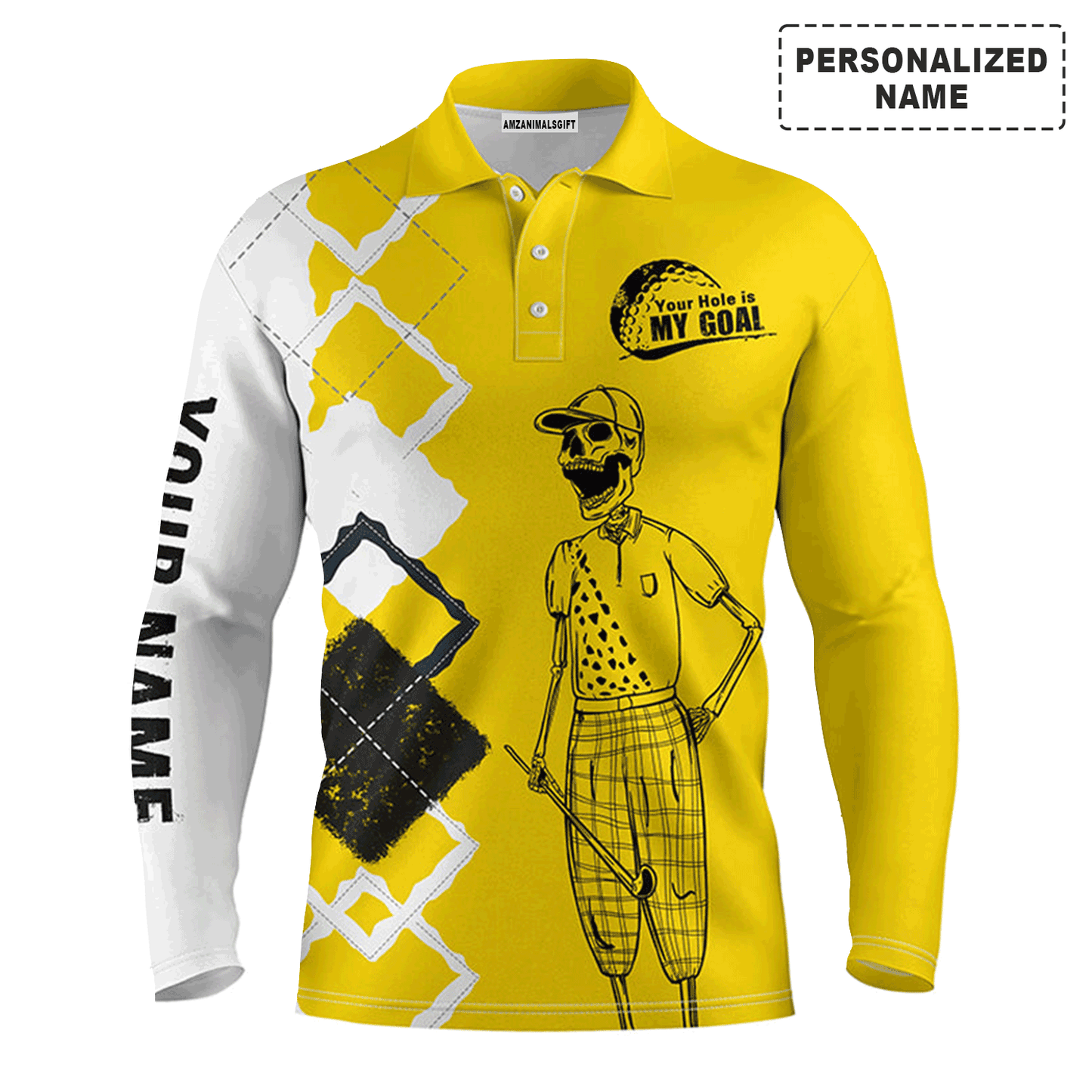 Custom Golf Long Sleeve Men Polo Shirt - Custom Name Skull Apparel - Your Hole Is My Goal Men Polo Shirt - Perfect Polo Shirt For Men, Golfers