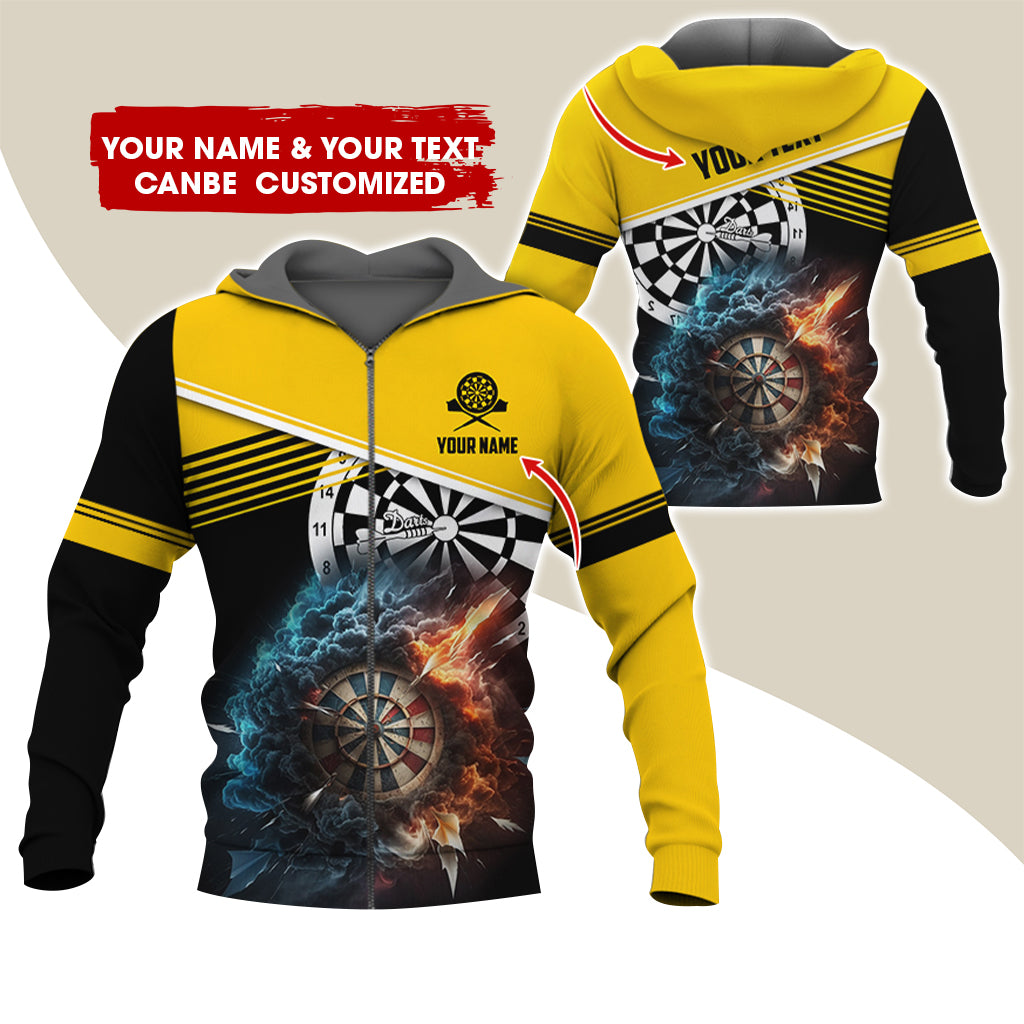 Personalized Name & Text Darts Premium Zip Hoodie, Customized Name Cloudy Fire Darts Zip Hoodie For Men & Women - Gift For Darts Lovers, Darts Players