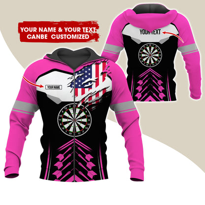 Customized Name American Flag Darts Premium Zip Hoodie, Personalized Black Pattern Zip Hoodie For Men & Women - Gift For Darts Lovers, Darts Players