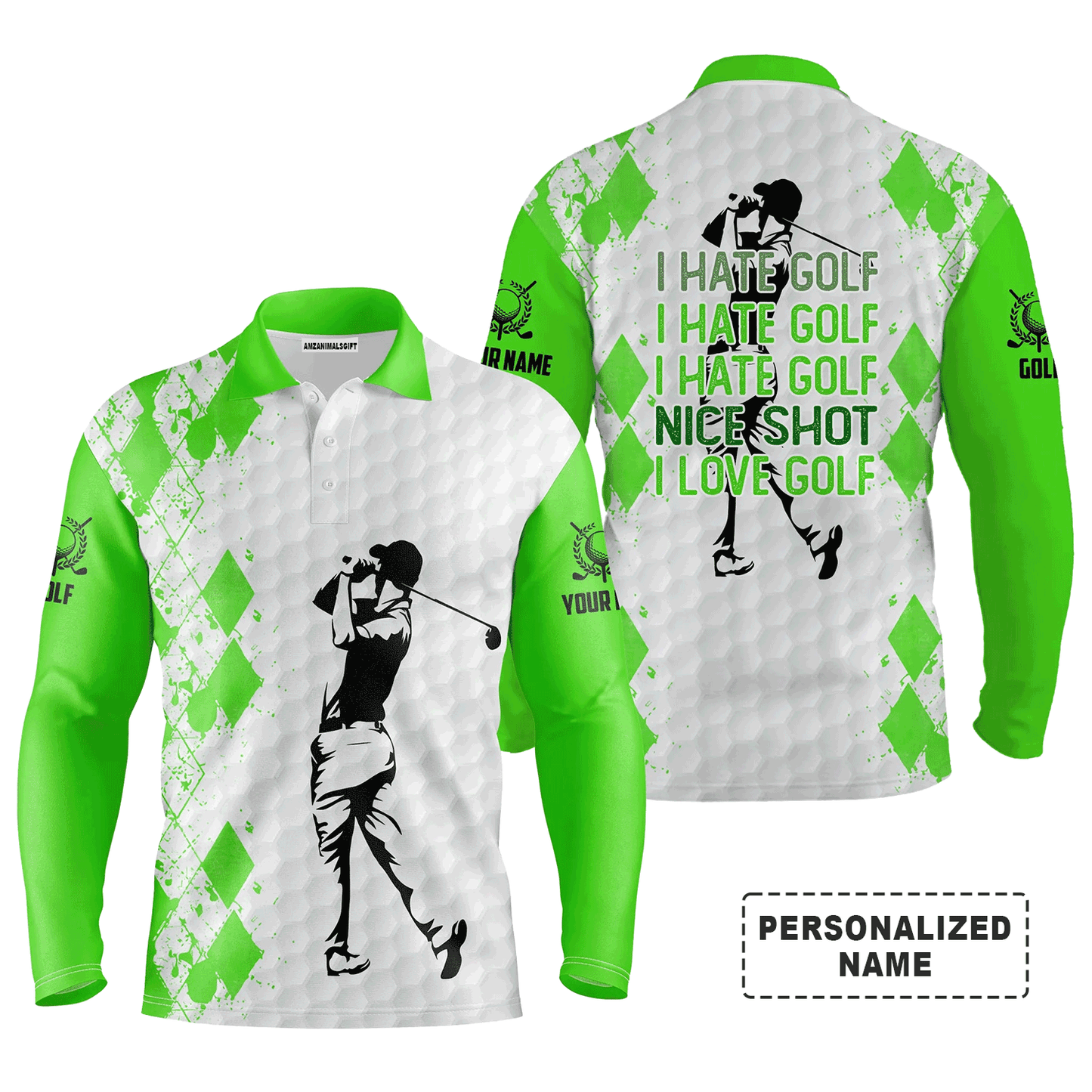 Custom Golf Long Sleeve Men Polo Shirt - Funny Custom Name Multicolor Apparel - I Hate Golf Nice Shot I Love Golf Gift For Men Golf Lover