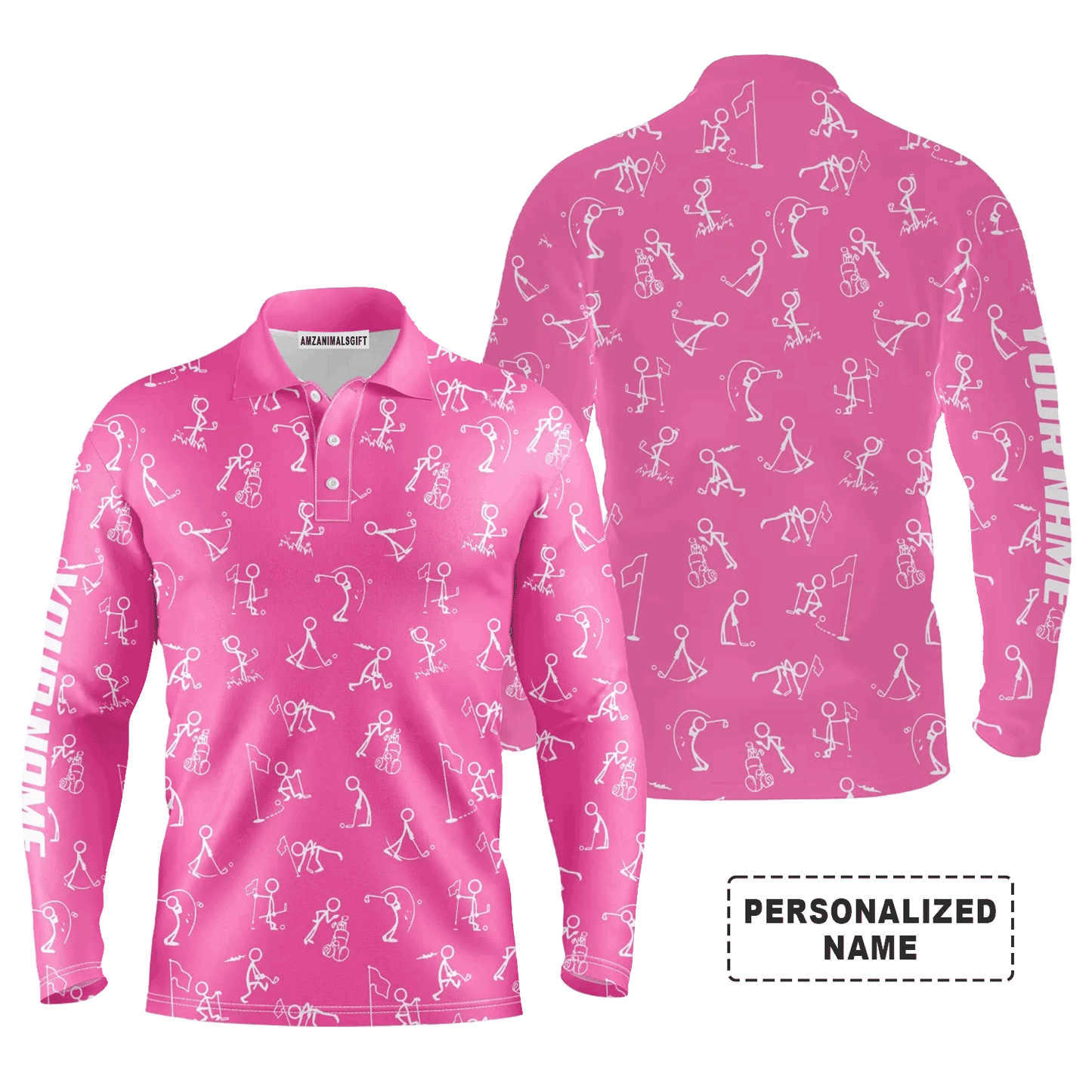 Custom Golf Long Sleeve Men Polo Shirt- Funny Golf Pattern Custom Name Multicolor Apparel - Personalized Gift For Men, Golf Lover, Team, Husband