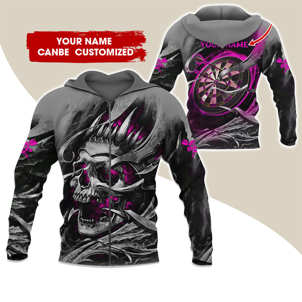 Customized Name Skull Darts Premium Zip Hoodie, Personalized Name Dartboard Zip Hoodie For Men & Women - Gift For Darts Lovers, Darts Players