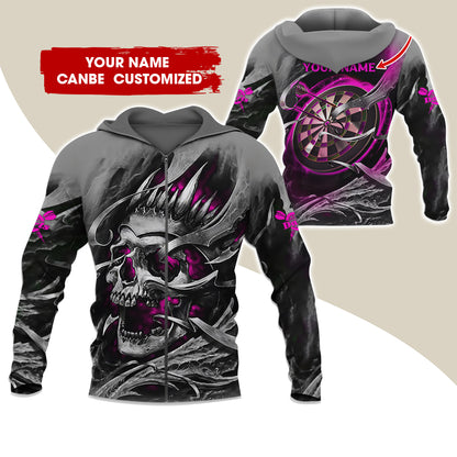 Customized Name Skull Darts Premium Zip Hoodie, Personalized Name Dartboard Zip Hoodie For Men & Women - Gift For Darts Lovers, Darts Players