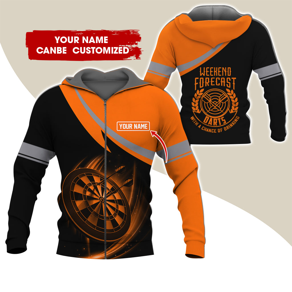 Personalized Name Darts Premium Zip Hoodie, Custom Name Weekend Forecast Darts Zip Hoodie For Men & Women - Gift For Darts Lovers, Darts Players