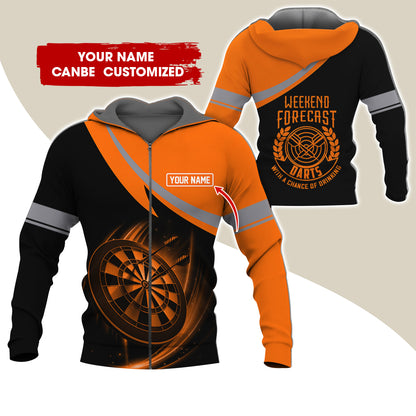 Personalized Name Darts Premium Zip Hoodie, Custom Name Weekend Forecast Darts Zip Hoodie For Men & Women - Gift For Darts Lovers, Darts Players