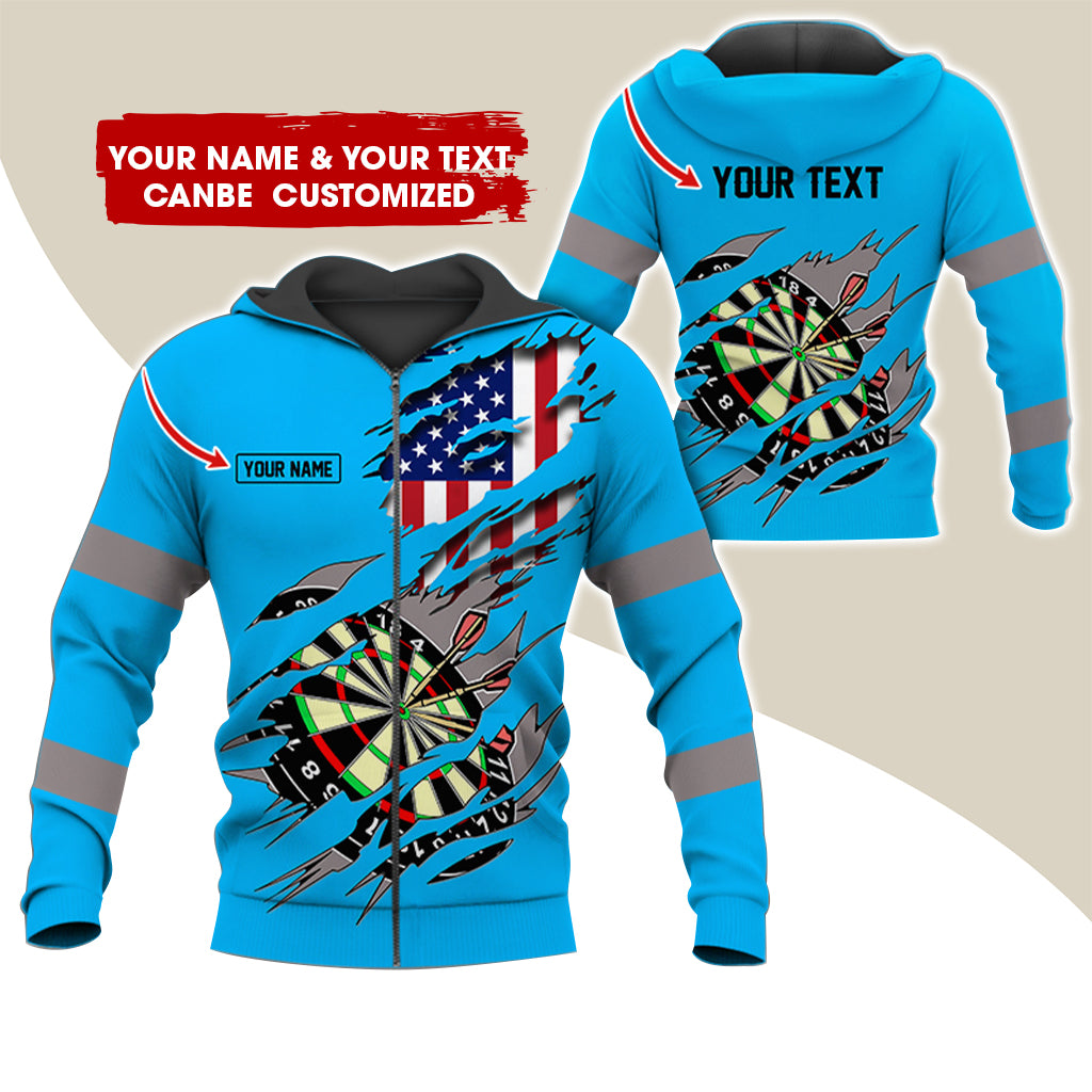 Customized Name & Text American Flag Darts Premium Zip Hoodie, Personalized Dartboard Zip Hoodie For Men & Women - Gift For Darts Lovers, Darts Players