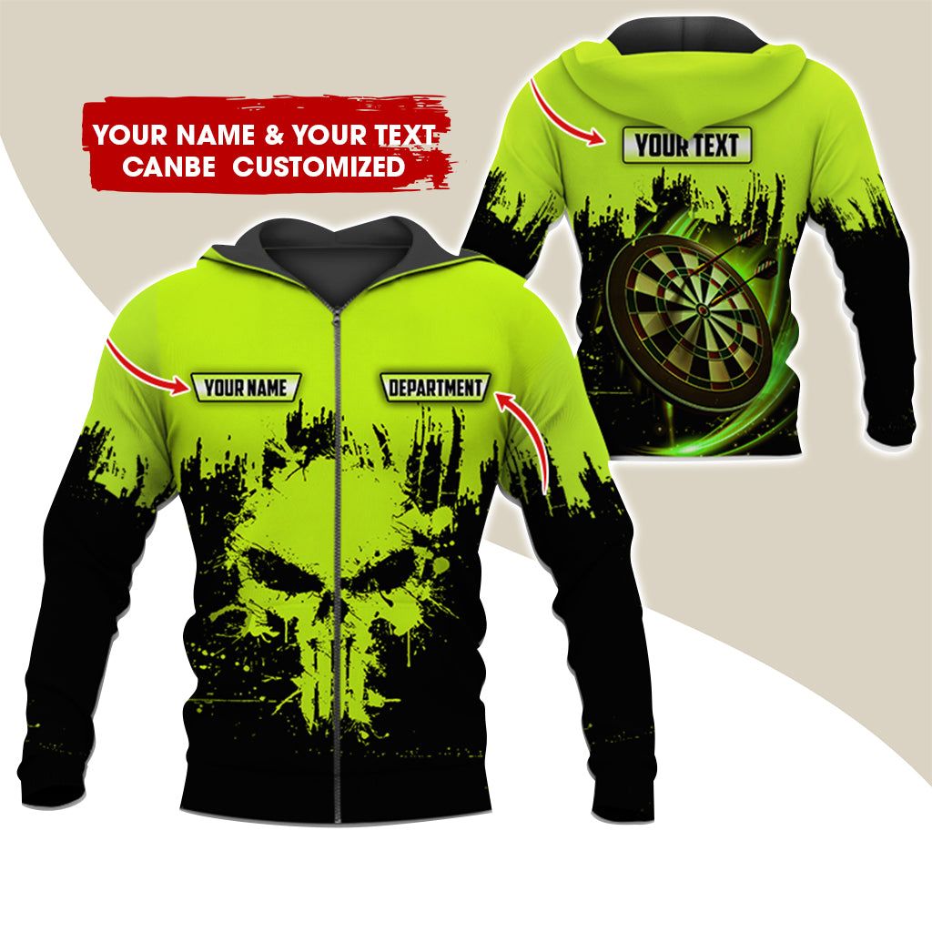 Personalized Name & Text Darts Premium Zip Hoodie, Customized Skull Dartboard Team Zip Hoodie For Men & Women - Gift For Darts Lovers, Darts Players