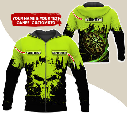 Personalized Name & Text Darts Premium Zip Hoodie, Customized Skull Dartboard Team Zip Hoodie For Men & Women - Gift For Darts Lovers, Darts Players