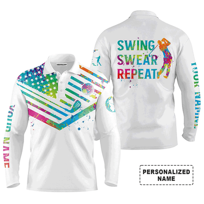 Custom Golf Long Sleeve Men Polo Shirt- Custom Name Watercolor American Flag Multicolor Apparel,Swing Swear Repeat Men Golf Polo Shirt  For Golf Lover
