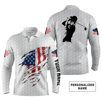 Custom Golf Long Sleeve Men Polo Shirt - Custom Name American Flag Apparel - Personalized Gift For Men, Golf Lover, 4th Of July