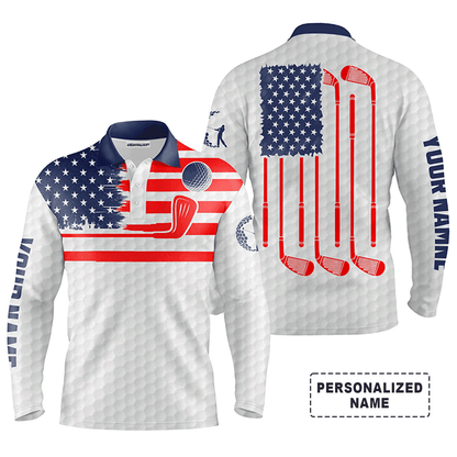 Custom Golf Long Sleeve Men Polo Shirt - Custom Name American Flag Patriotic Apparel, Perfect Gift For Men, Golf Lover