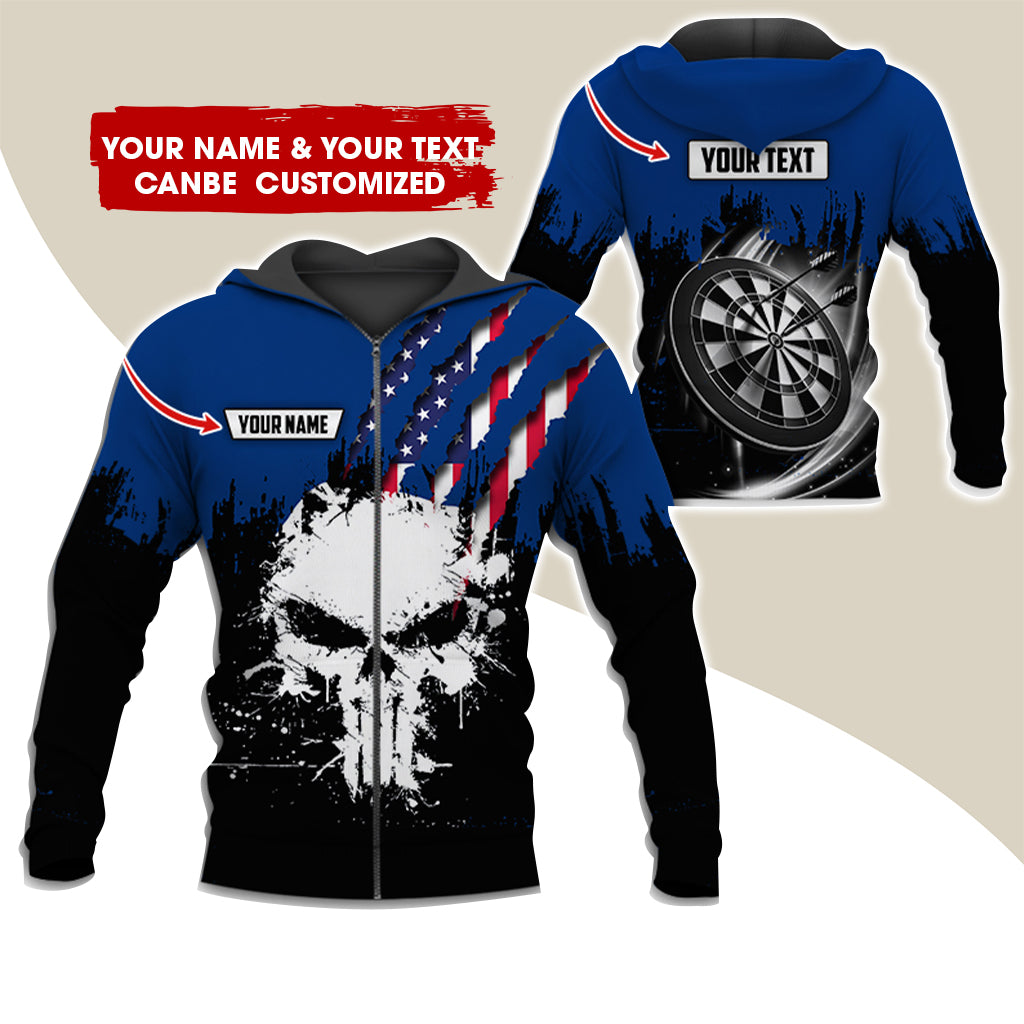 Customized Name & Text Skull Darts Premium Zip Hoodie, Personalized American Flag Zip Hoodie For Men & Women - Gift For Darts Lovers, Darts Players