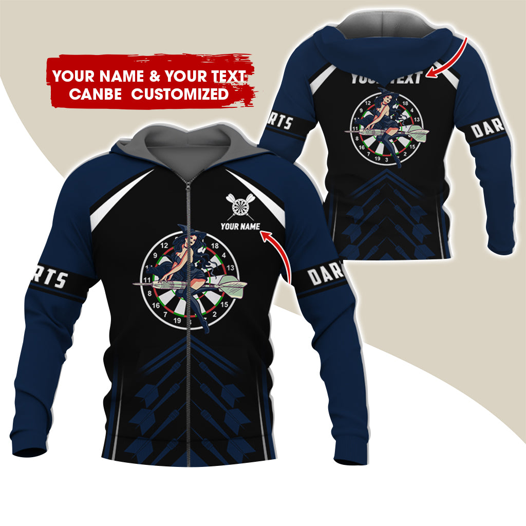 Customized Name & Text Witch Darts Premium Zip Hoodie, Personalized Name Dartboard Zip Hoodie For Men & Women - Gift For Darts Lovers, Darts Players